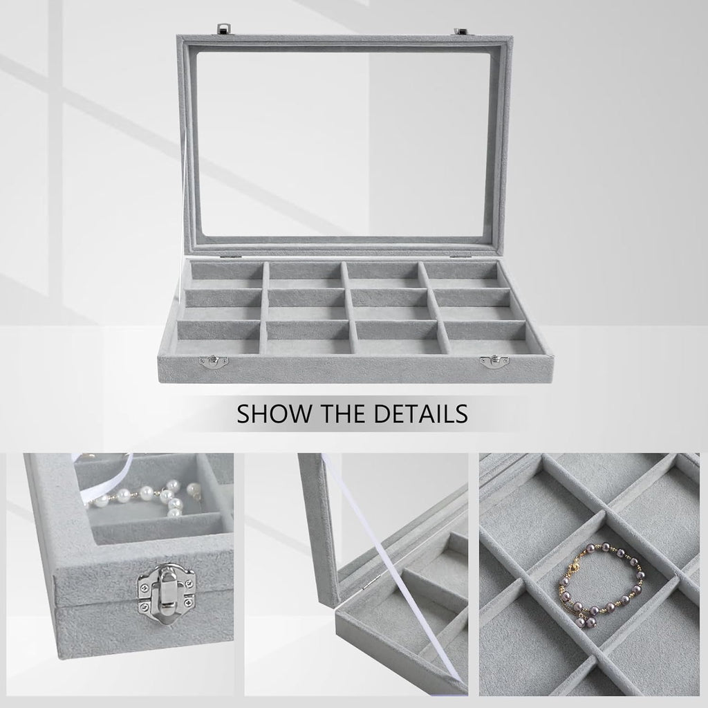 Cakulo Velvet Jewelry Organizer Tray with Clear Lid Stores Bracelets Rings Earrings