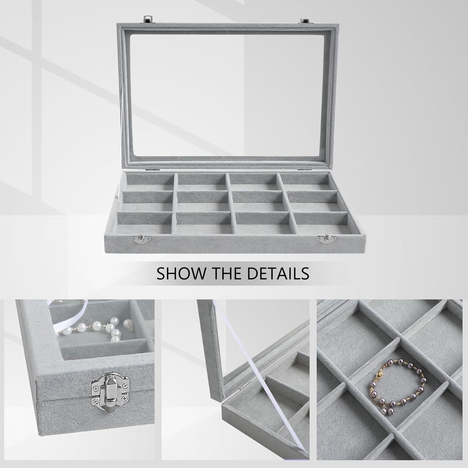 Cakulo Velvet Jewelry Organizer Tray with Clear Lid Stores Bracelets Rings Earrings