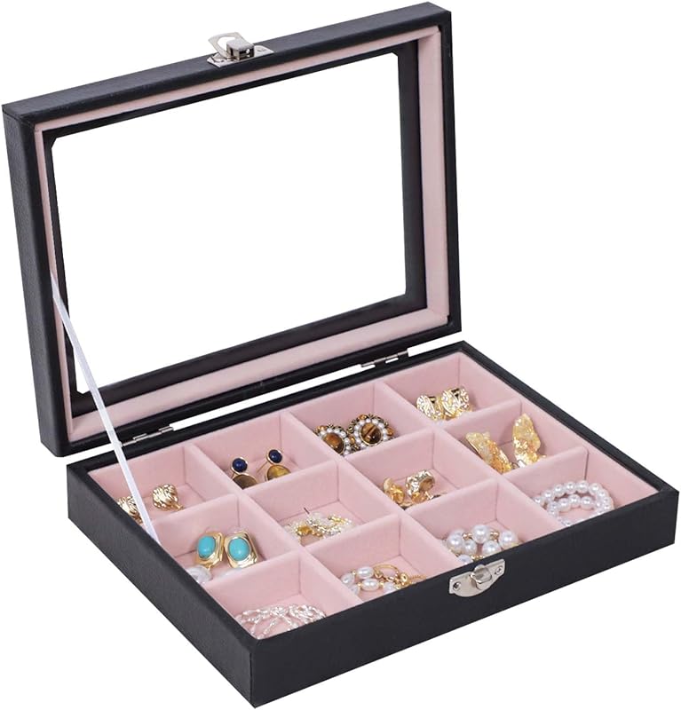 Cakulo Wood Ring Box Glass Lid Metal Clasp Velvet Lining – Jewelry Storage Display Tray
