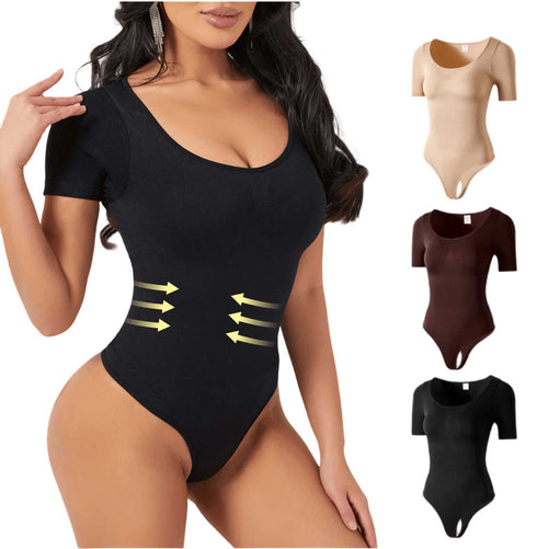 Cakulo Butt-Lifting Waist-Cinching Seamless Short-Sleeve Thong Shapewear Bodysuit