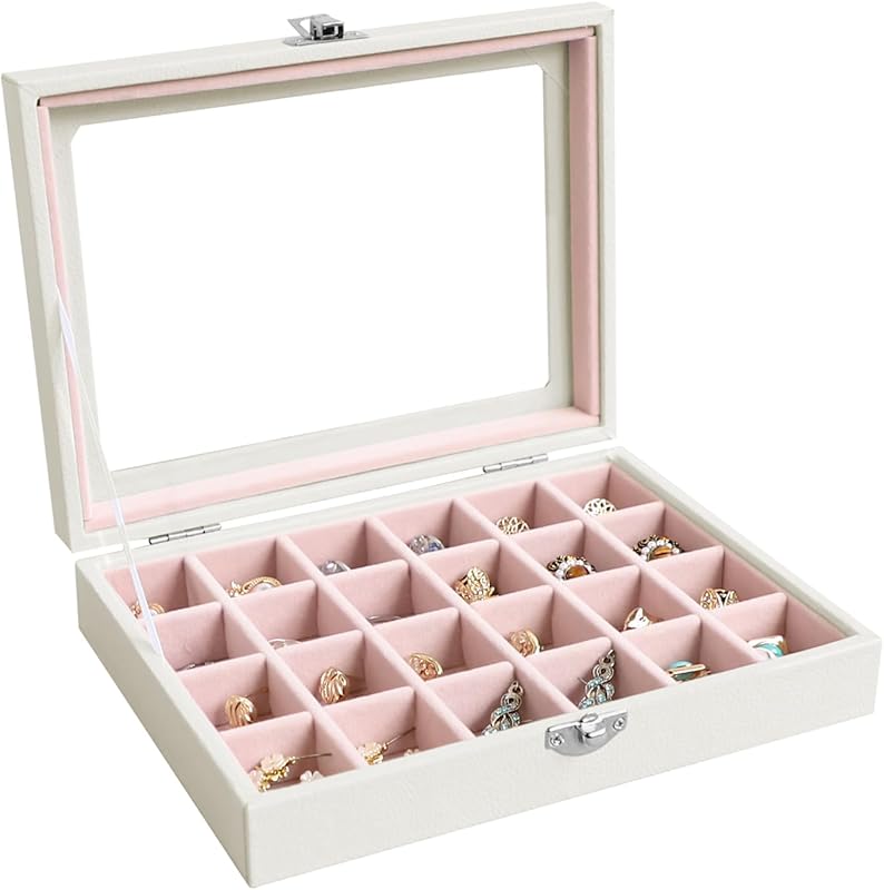 Cakulo 24 - Grid Jewelry Organizer Velvet Tray with Clear Lid Ring Earring Storage