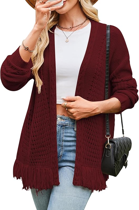 Cakulo Womens Crochet Fringe Cable Knit Oversized Cardigan