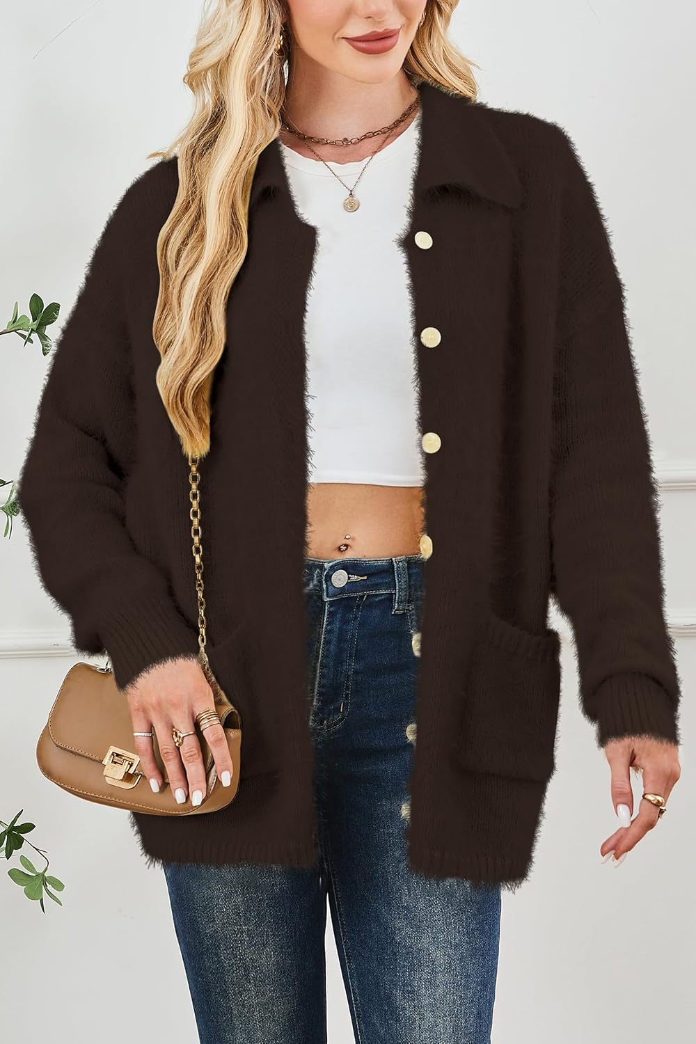 Cakulo Womens Oversized Fuzzy Collared Cardigan with Pockets for Fall/Winter
