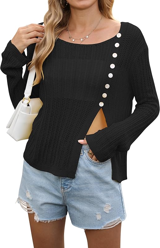 CAKULO Womens Y2K Fall Split Hem Button Off - Shoulder Crochet Sweater