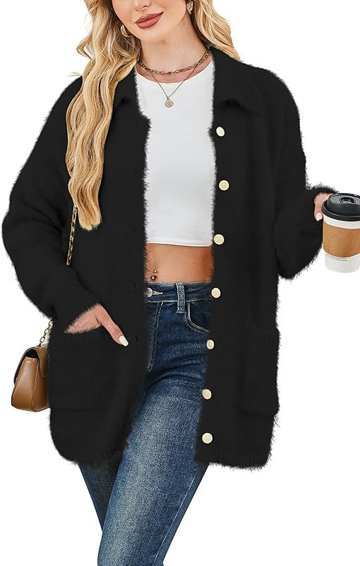 Cakulo Womens Oversized Fuzzy Collared Cardigan with Pockets for Fall/Winter