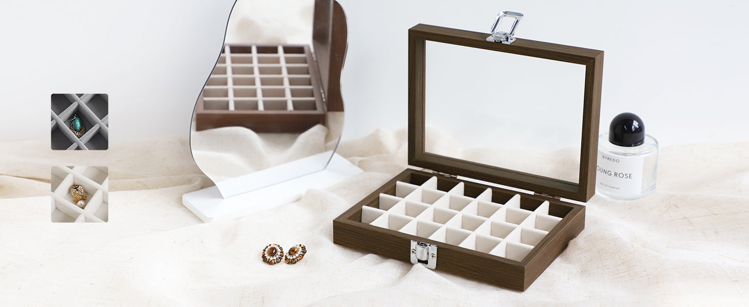 Cakulo 24 - Grid Jewelry Organizer Velvet Tray with Clear Lid Ring Earring Storage