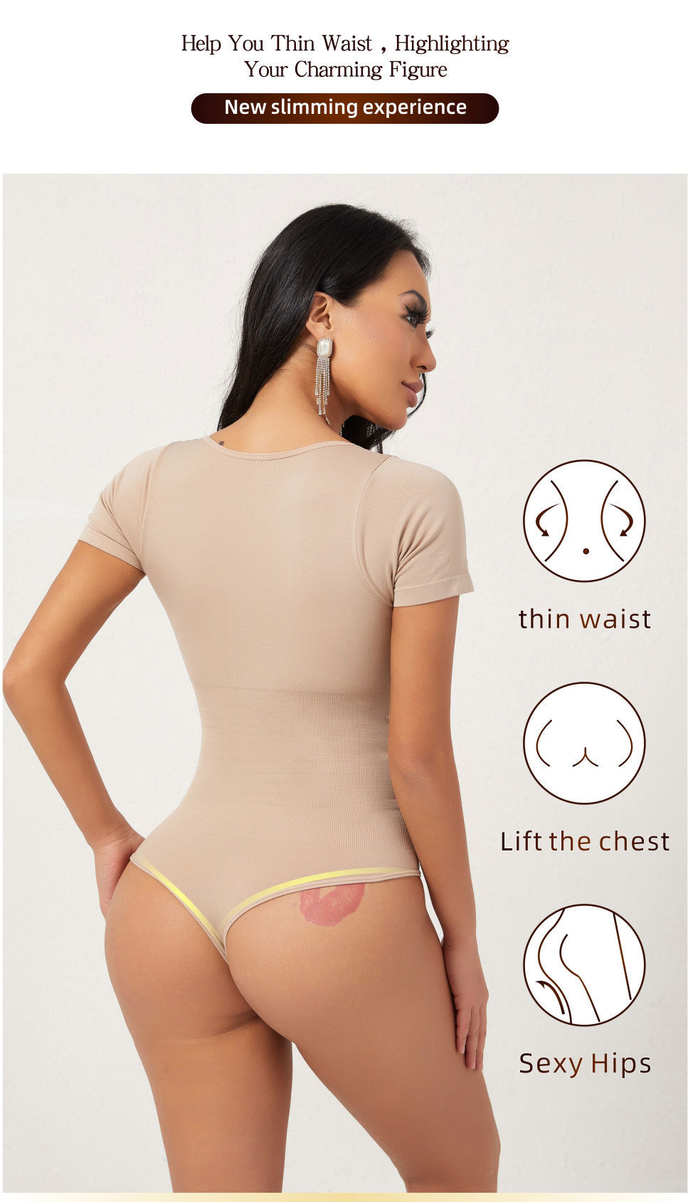 Cakulo Butt-Lifting Waist-Cinching Seamless Short-Sleeve Thong Shapewear Bodysuit
