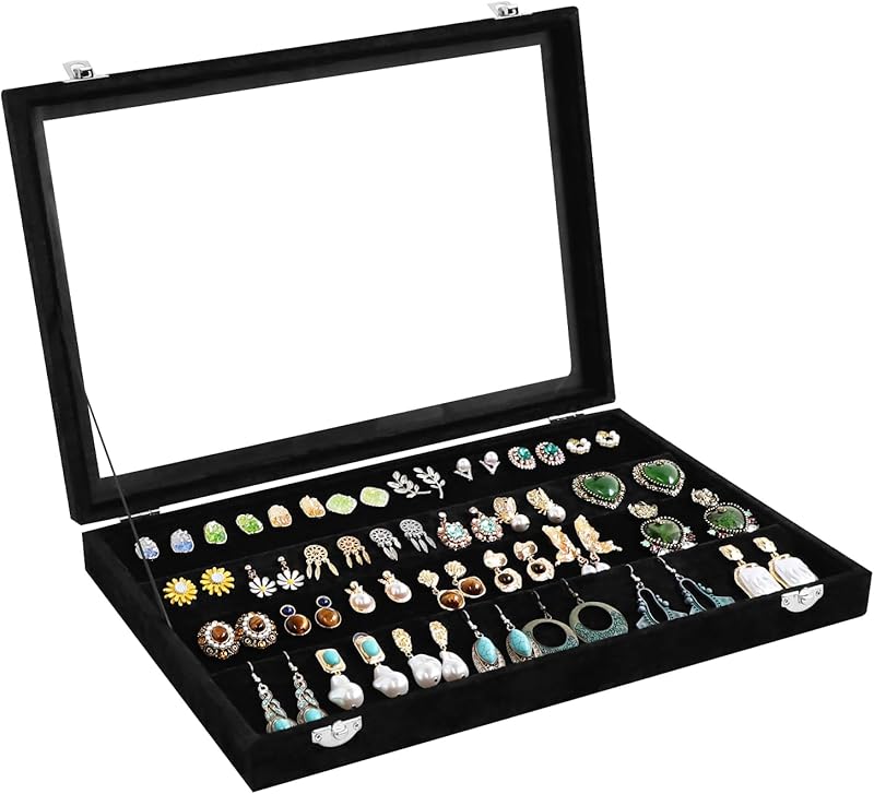 Velvet Jewelry Organizer Tray with Lid Holds Earrings Rings Bracelets for Dresser