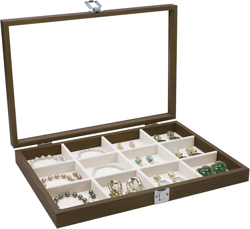 Cakulo Wooden Jewelry Sunglasses Organizer Vintage Tray with Lid for Watches