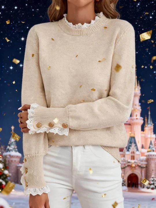 Cakulo FallFreshness Women's Round Neck Long Sleeve Knitted Sweater with Lace Trim Autumn Winter Top Beige Color Polyester Material